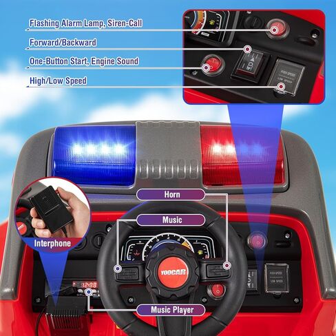 Costzon Kids Ride on Fire Truck, 12V Battery Powered Fire Car Toy w/Water Gun & Tank, Remote Control, Interphone, Shovel, Wrench, Music, Alarm Lamp & Siren-Call, Electric Vehicle Gift for 37-95 Months in Saudi Arabia
