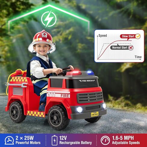 Costzon Kids Ride on Fire Truck, 12V Battery Powered Fire Car Toy w/Water Gun & Tank, Remote Control, Interphone, Shovel, Wrench, Music, Alarm Lamp & Siren-Call, Electric Vehicle Gift for 37-95 Months in Saudi Arabia