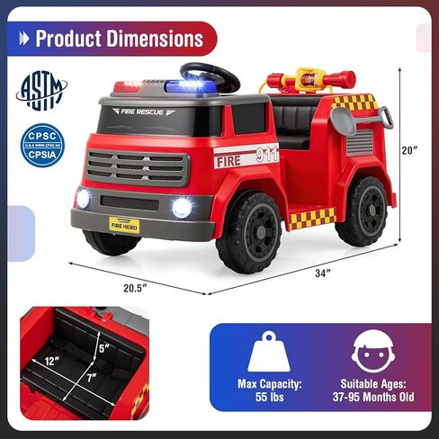 Costzon Kids Ride on Fire Truck, 12V Battery Powered Fire Car Toy w/Water Gun & Tank, Remote Control, Interphone, Shovel, Wrench, Music, Alarm Lamp & Siren-Call, Electric Vehicle Gift for 37-95 Months in Saudi Arabia