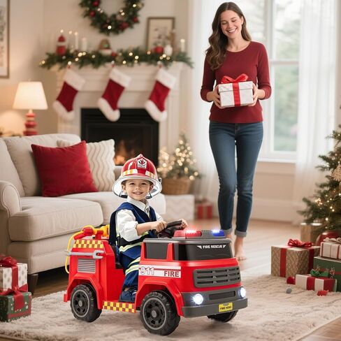 Costzon Kids Ride on Fire Truck, 12V Battery Powered Fire Car Toy w/Water Gun & Tank, Remote Control, Interphone, Shovel, Wrench, Music, Alarm Lamp & Siren-Call, Electric Vehicle Gift for 37-95 Months in Saudi Arabia