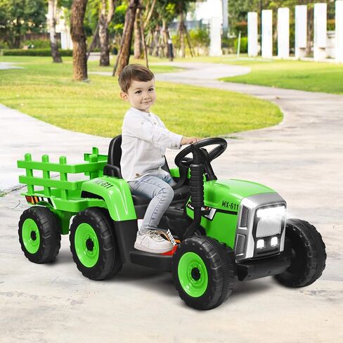 HONEY JOY Ride On Tractor مع مقطورة، لودر أرضي ذو 3 سرعات، مصابيح LED، قرن، موسيقى، جرار لعبة كهربائي يعمل ببطارية 12 فولت مع جهاز تحكم عن بعد (وردي) in Kuwait