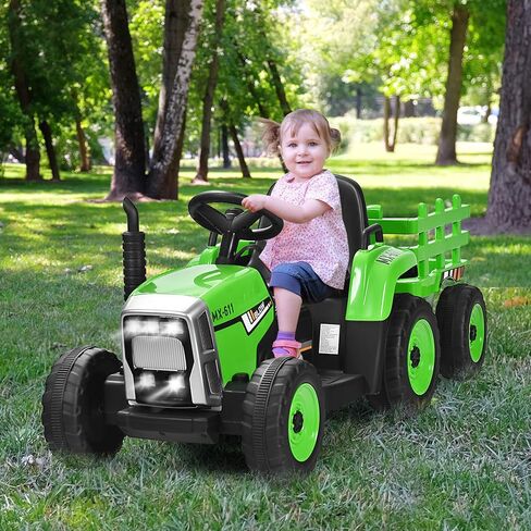 HONEY JOY Ride On Tractor مع مقطورة، لودر أرضي ذو 3 سرعات، مصابيح LED، قرن، موسيقى، جرار لعبة كهربائي يعمل ببطارية 12 فولت مع جهاز تحكم عن بعد (وردي) in Kuwait