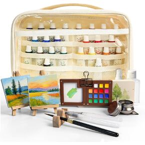 Mini Watercolor Travel Paint Set,22Pcs Artist Watercolor Palette Travel Set with Colors,Wooden Paint Box,Brush,Holder,Oil Cup,Plastic Bottles Storage Bag for Beginners Artists Student(8 Grids) in Kuwait
