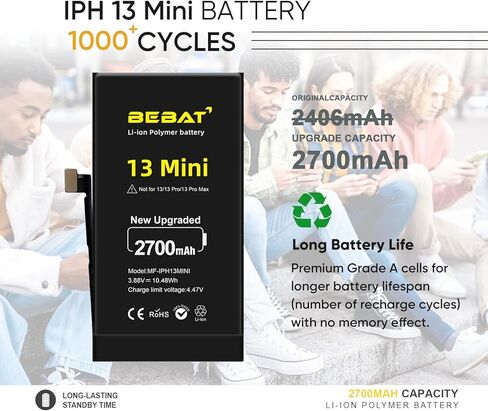 Replacement for iPhone 13 MINI Battery,2700mAh High Capacity Li-ion Polymer Replacement Battery for Model A2628 A2481 A2626 A2629 with Professional Repair Tool Kits in Kuwait