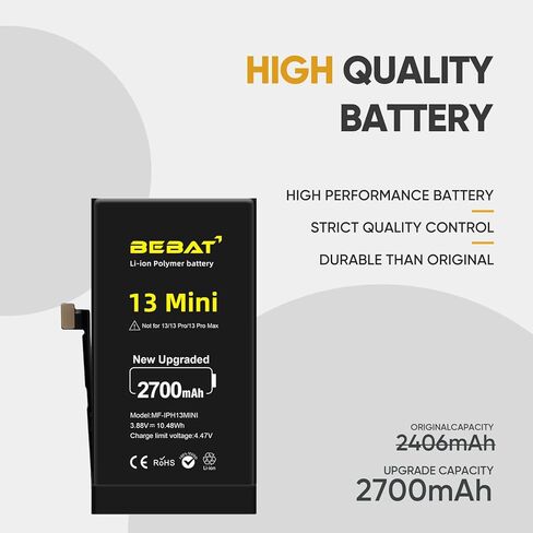 Replacement for iPhone 13 MINI Battery,2700mAh High Capacity Li-ion Polymer Replacement Battery for Model A2628 A2481 A2626 A2629 with Professional Repair Tool Kits in Kuwait