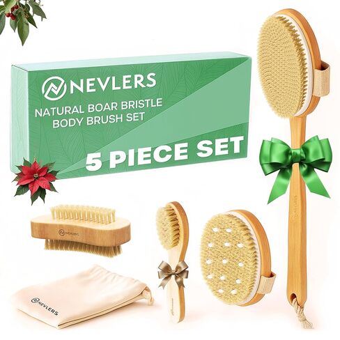 Nevlers Natural Boar Bristle Body Brush Set with Detachable Cellulite Massage Brush and Long Wooden Handle for Dry Brushing Perfect Kit to Exfoliate and Get Rid of Cellulite in Kuwait