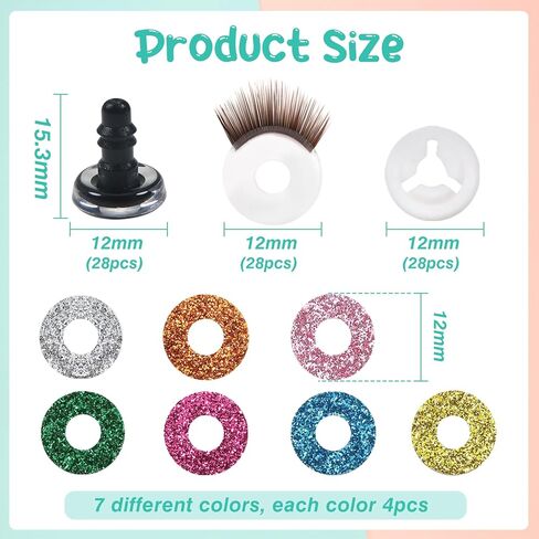 TOAOB 28pcs 12mm Safety Eyes Plastic Glitter Safety Eyes with Eyelashes and Washers for Amigurumis 7 Colors Craft Crochet Eyes for DIY Puppet Bear Stuffed Animal Doll Making in Saudi Arabia