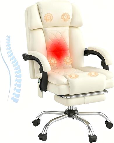 HOMREST 6-Point Massage Office Chair with Heat, Ergonomic Reclining Desk Chair with Footrest, PU Leather Executive Chair for Home Office,Comfortable Computer Chair Gift for Women, Off White in Saudi Arabia
