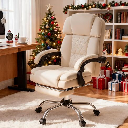 HOMREST 6-Point Massage Office Chair with Heat, Ergonomic Reclining Desk Chair with Footrest, PU Leather Executive Chair for Home Office,Comfortable Computer Chair Gift for Women, Off White in Saudi Arabia
