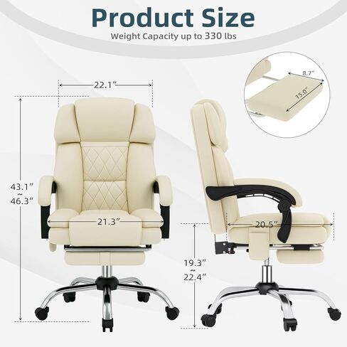 HOMREST 6-Point Massage Office Chair with Heat, Ergonomic Reclining Desk Chair with Footrest, PU Leather Executive Chair for Home Office,Comfortable Computer Chair Gift for Women, Off White in Saudi Arabia