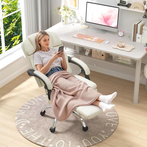 HOMREST 6-Point Massage Office Chair with Heat, Ergonomic Reclining Desk Chair with Footrest, PU Leather Executive Chair for Home Office,Comfortable Computer Chair Gift for Women, Off White in Saudi Arabia