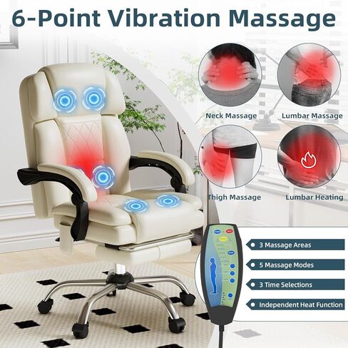 HOMREST 6-Point Massage Office Chair with Heat, Ergonomic Reclining Desk Chair with Footrest, PU Leather Executive Chair for Home Office,Comfortable Computer Chair Gift for Women, Off White in Saudi Arabia