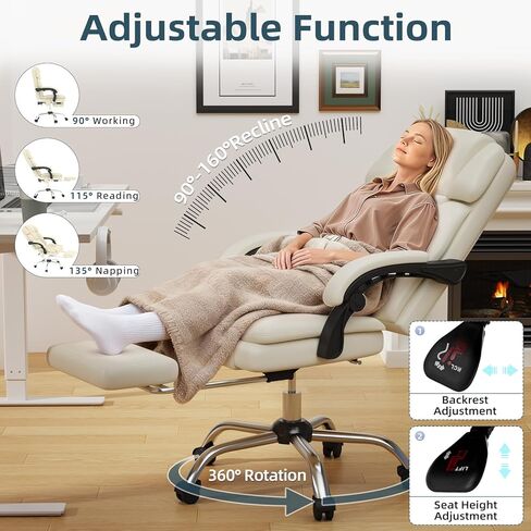 HOMREST 6-Point Massage Office Chair with Heat, Ergonomic Reclining Desk Chair with Footrest, PU Leather Executive Chair for Home Office,Comfortable Computer Chair Gift for Women, Off White in Saudi Arabia