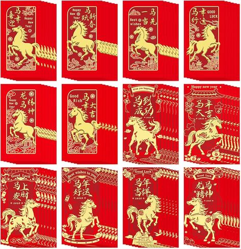 12 Patterns 72 Pcs Chinese New Year Red Envelopes 2026 – 3.5 x 6.7 Inch Lucky Horse Hong Bao Red Pocket Envelopes for Money, Gold Foil Embossed Lunar Envelopes for Spring Festival, Wedding Birthday in Kuwait