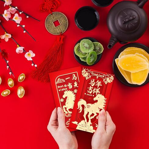 12 Patterns 72 Pcs Chinese New Year Red Envelopes 2026 – 3.5 x 6.7 Inch Lucky Horse Hong Bao Red Pocket Envelopes for Money, Gold Foil Embossed Lunar Envelopes for Spring Festival, Wedding Birthday in Kuwait