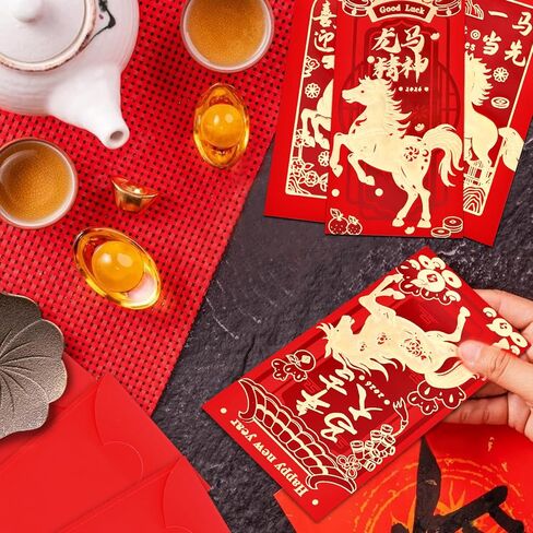12 Patterns 72 Pcs Chinese New Year Red Envelopes 2026 – 3.5 x 6.7 Inch Lucky Horse Hong Bao Red Pocket Envelopes for Money, Gold Foil Embossed Lunar Envelopes for Spring Festival, Wedding Birthday in Kuwait