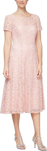 S.L. Fashions Women's Tea Length Cap Sleeve Sequin Lace A-Line Dress, Steel Blue in Kuwait
