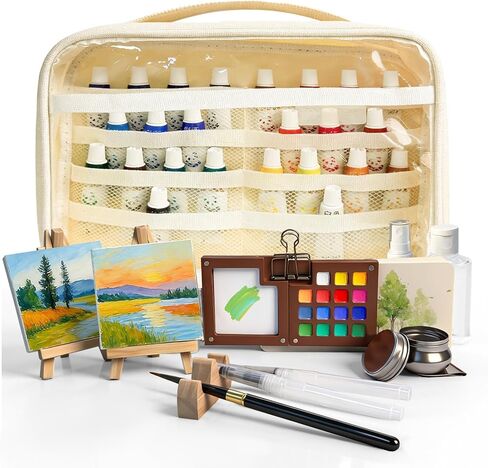 Mini Watercolor Travel Paint Set,22Pcs Artist Watercolor Palette Travel Set with Colors,Wooden Paint Box,Brush,Holder,Oil Cup,Plastic Bottles Storage Bag for Beginners Artists Student(8 Grids) in Kuwait