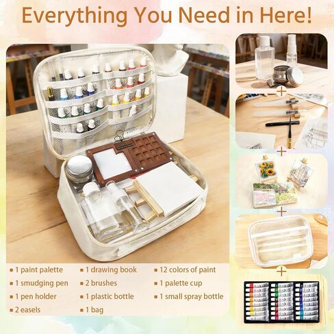 Mini Watercolor Travel Paint Set,22Pcs Artist Watercolor Palette Travel Set with Colors,Wooden Paint Box,Brush,Holder,Oil Cup,Plastic Bottles Storage Bag for Beginners Artists Student(8 Grids) in Kuwait