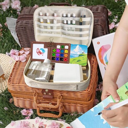 Mini Watercolor Travel Paint Set,22Pcs Artist Watercolor Palette Travel Set with Colors,Wooden Paint Box,Brush,Holder,Oil Cup,Plastic Bottles Storage Bag for Beginners Artists Student(8 Grids) in Kuwait