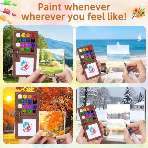 Mini Watercolor Travel Paint Set,22Pcs Artist Watercolor Palette Travel Set with Colors,Wooden Paint Box,Brush,Holder,Oil Cup,Plastic Bottles Storage Bag for Beginners Artists Student(8 Grids) in Kuwait