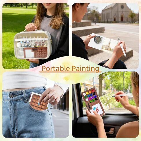 Mini Watercolor Travel Paint Set,22Pcs Artist Watercolor Palette Travel Set with Colors,Wooden Paint Box,Brush,Holder,Oil Cup,Plastic Bottles Storage Bag for Beginners Artists Student(8 Grids) in Kuwait