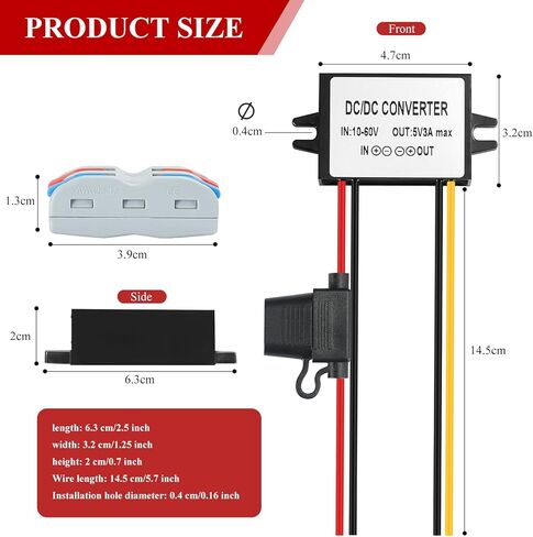 محول تنحي DC 10-72V إلى 5V، DC/DC 12V/24V/36V/48V/60V/72V Buck 5V 3A 15W مخفض الجهد الكهربي، محول طاقة تيار مستمر مع مصهر مقاوم للماء للرافعات الشوكية والسيارة. in Saudi Arabia