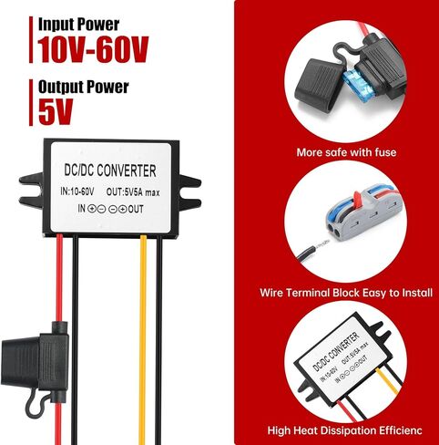 محول تنحي DC 10-72V إلى 5V، DC/DC 12V/24V/36V/48V/60V/72V Buck 5V 3A 15W مخفض الجهد الكهربي، محول طاقة تيار مستمر مع مصهر مقاوم للماء للرافعات الشوكية والسيارة. in Saudi Arabia