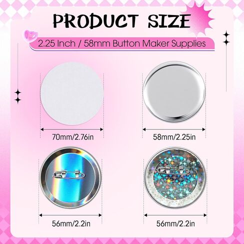 200 Sets 2.25 Inch 58mm Button Maker Supplies for Pin Maker Machine Kit Including 200 Holographic Sparkling Films, 100 Laser Back 100 Starry Back and 200 Shell for Button Press in Saudi Arabia
