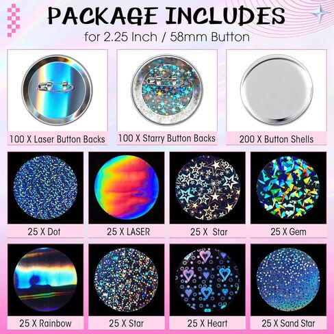 200 Sets 2.25 Inch 58mm Button Maker Supplies for Pin Maker Machine Kit Including 200 Holographic Sparkling Films, 100 Laser Back 100 Starry Back and 200 Shell for Button Press in Saudi Arabia