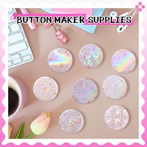 200 Sets 2.25 Inch 58mm Button Maker Supplies for Pin Maker Machine Kit Including 200 Holographic Sparkling Films, 100 Laser Back 100 Starry Back and 200 Shell for Button Press in Saudi Arabia
