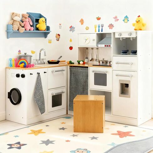 Costzon 2-Piece Corner Play Kitchen, Wooden Play Kitchen w/Washing Machine, Realistic Light & Sound, Coffee Maker, Stove & Accessories, Little Chef Pretend Toy Kitchen for Boys & Girls in Saudi Arabia