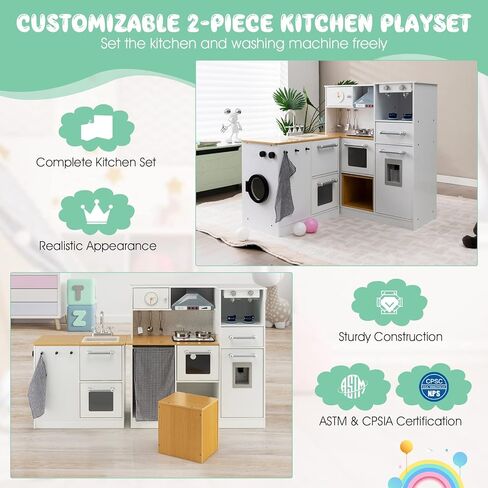 Costzon 2-Piece Corner Play Kitchen, Wooden Play Kitchen w/Washing Machine, Realistic Light & Sound, Coffee Maker, Stove & Accessories, Little Chef Pretend Toy Kitchen for Boys & Girls in Saudi Arabia