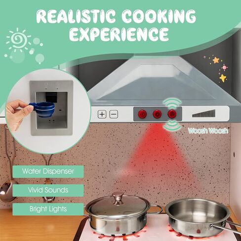 Costzon 2-Piece Corner Play Kitchen, Wooden Play Kitchen w/Washing Machine, Realistic Light & Sound, Coffee Maker, Stove & Accessories, Little Chef Pretend Toy Kitchen for Boys & Girls in Saudi Arabia