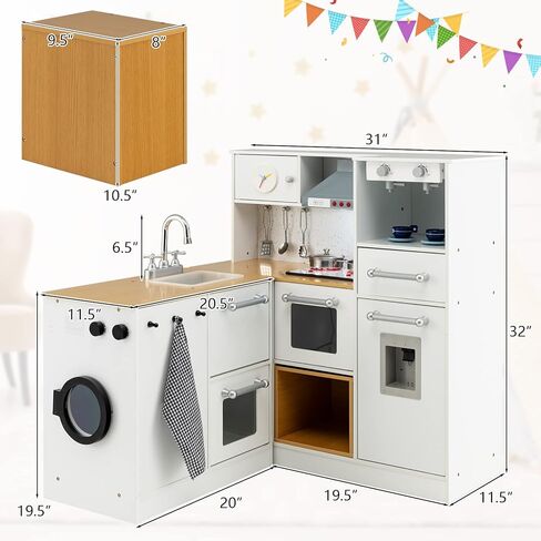 Costzon 2-Piece Corner Play Kitchen, Wooden Play Kitchen w/Washing Machine, Realistic Light & Sound, Coffee Maker, Stove & Accessories, Little Chef Pretend Toy Kitchen for Boys & Girls in Saudi Arabia