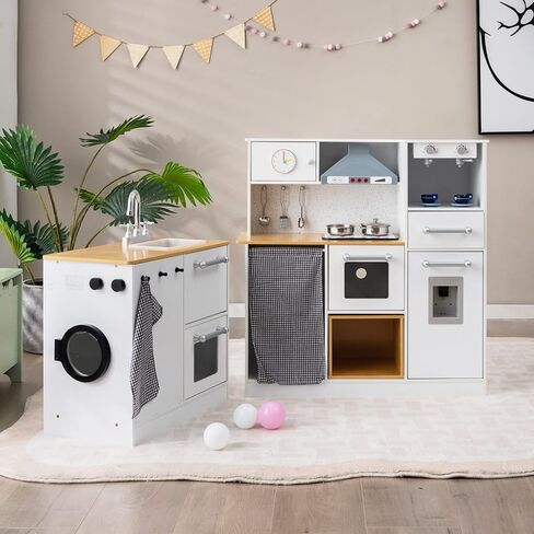 Costzon 2-Piece Corner Play Kitchen, Wooden Play Kitchen w/Washing Machine, Realistic Light & Sound, Coffee Maker, Stove & Accessories, Little Chef Pretend Toy Kitchen for Boys & Girls in Saudi Arabia