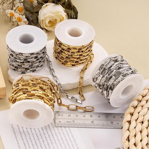 SMYHTGLIF 9.8 Feet Embossed Gold Box Chain for Jewelry Making Stainless Steel Chain Bulk Roll Square Paperclip Link Jewelry Findings in Saudi Arabia