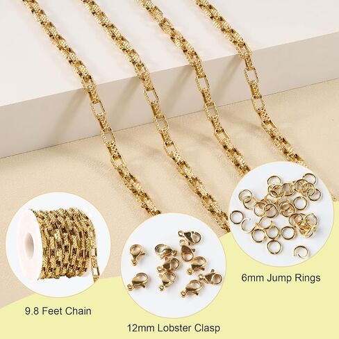 SMYHTGLIF 9.8 Feet Embossed Gold Box Chain for Jewelry Making Stainless Steel Chain Bulk Roll Square Paperclip Link Jewelry Findings in Kuwait