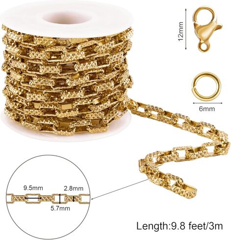SMYHTGLIF 9.8 Feet Embossed Gold Box Chain for Jewelry Making Stainless Steel Chain Bulk Roll Square Paperclip Link Jewelry Findings in Kuwait