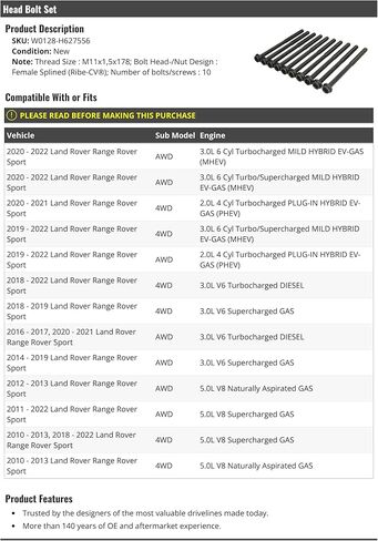 Head Bolt Set - 10 Piece - Compatible with 2010-2022 Land Rover Range Rover Sport in Saudi Arabia