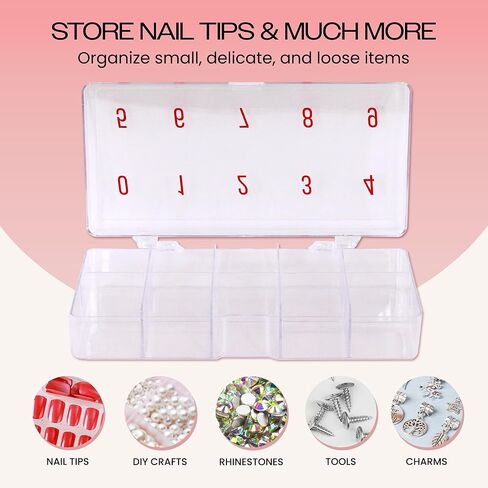 Beauticom USA Small Empty 10 Space Nail Art Tip Storage Organizer Box Case - Clear Color - For False Nail Tips, Vitamins, Accessories, 10 sections in Kuwait