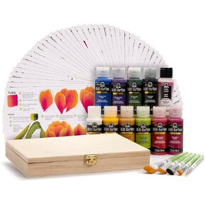 FolkArt One Stroke A to Z of Floral Painting Kit, Including 10 Multi-Surface Paints, 5 Brushes, 50 Full-Color Teaching Guides, Floating Medium, and 1 Wood Storage Box