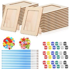 Barydat 52 Pcs Picture Frame Painting Craft Kit Includes 24 Pcs 3'' x 5'' Unfinished Wooden Picture Frames 24 Pcs Painting Tools and 4 Bags Eva Stickers Art for Kids Classroom DIY Painting Projects