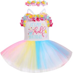 ODASDO 1/2 Birthday Girl Outfit for Baby Girl's Six Months Party Dress With Flower Headband Photoshooting Summer Clothes