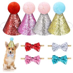 Whaline 8Pcs Pets Birthday Hat and Bow Tie Kit Sequins Hat with Bowties Red Pink Sliver Gold Cone Shape Hats Cat Kitten Sparkling Adjustable Bow Ties for Dog Pets Birthday Party Costumes Accessories