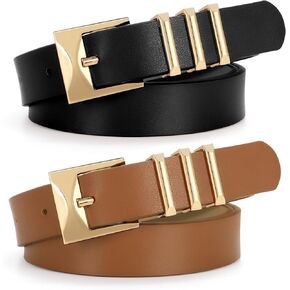 SUOSDEY 2 Pack Women Faux Leather Belts for Jeans Dresses Pants Fashion Ladies Waist Belt with Gold Buckle 0.9" Width