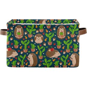 Cute Hedgehogs Cactus Blue Rectangle Storage Basket Collapsible Storage Bin for Nursery Toys Books Waterproof Baskets for Closet Shelves Bedroom Decor