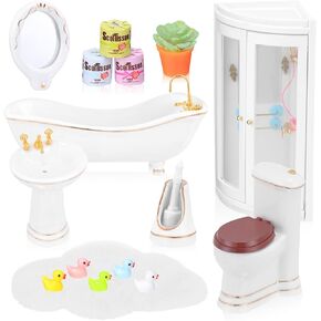 16 Pcs Dollhouse Bathroom Set 1: 12 Scale Dollhouse Bathroom Furniture Porcelain Miniature Toilet Shower Room Basin Bathtub Mirror Carpet Mini Duck Bathroom Accessories