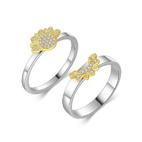 SHEAISRS 925 Sterling Silver Sunflower Ring Sunflower Couple Ring, Anniversary Ring Gift