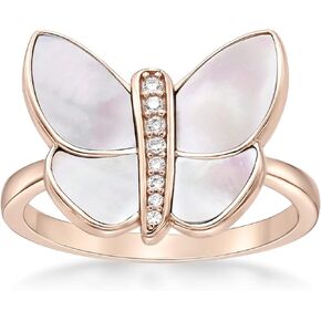 Lavari Jewelers Black Onyx Malachite or Mother of Pearl and Cubic Zirconia Butterfly Ring for Women in 925 Sterling Silver Anniversary Ring Size 6 to 8